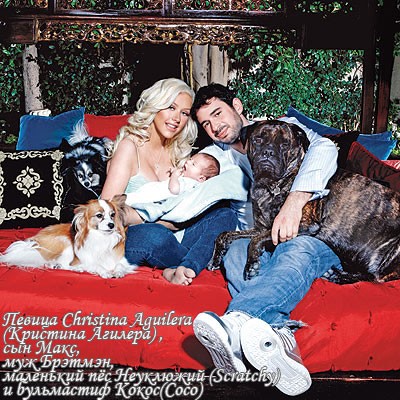 Певица Christina Aguilera (Кристина Агилера) , сын Макс, муж Брэтмэн, маленький пёс Неуклюжий (Scratchy) и бульмастиф Кокос(Coco)